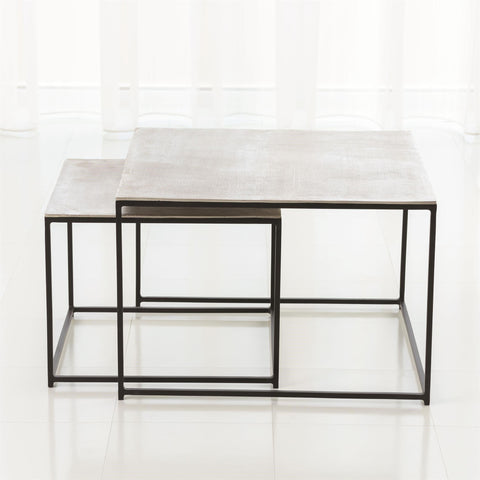 Set of 2 Sand Casted Nesting End Tables-Black Frame w/Nickel Top(طاولتين  متداخلتين مع سطح من النيكل و إطار أسود - مجموعة من 2)