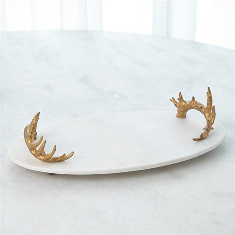 White Marble Platter with Reindeer Antler Handles-Gold