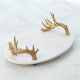 White Marble Platter with Reindeer Antler Handles-Gold